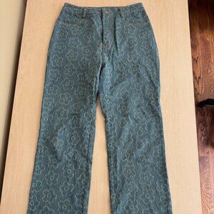 Pretty Garbage Green Embroidered Floral Pattern Medium Wash Denim Jeans Size S